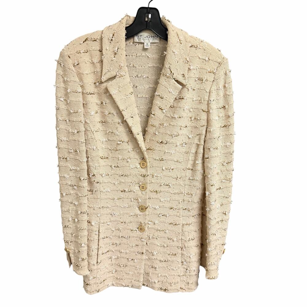 St. John Collection Neutral Tweed Boucle Knit Button Front Blazer Jacket Size 10